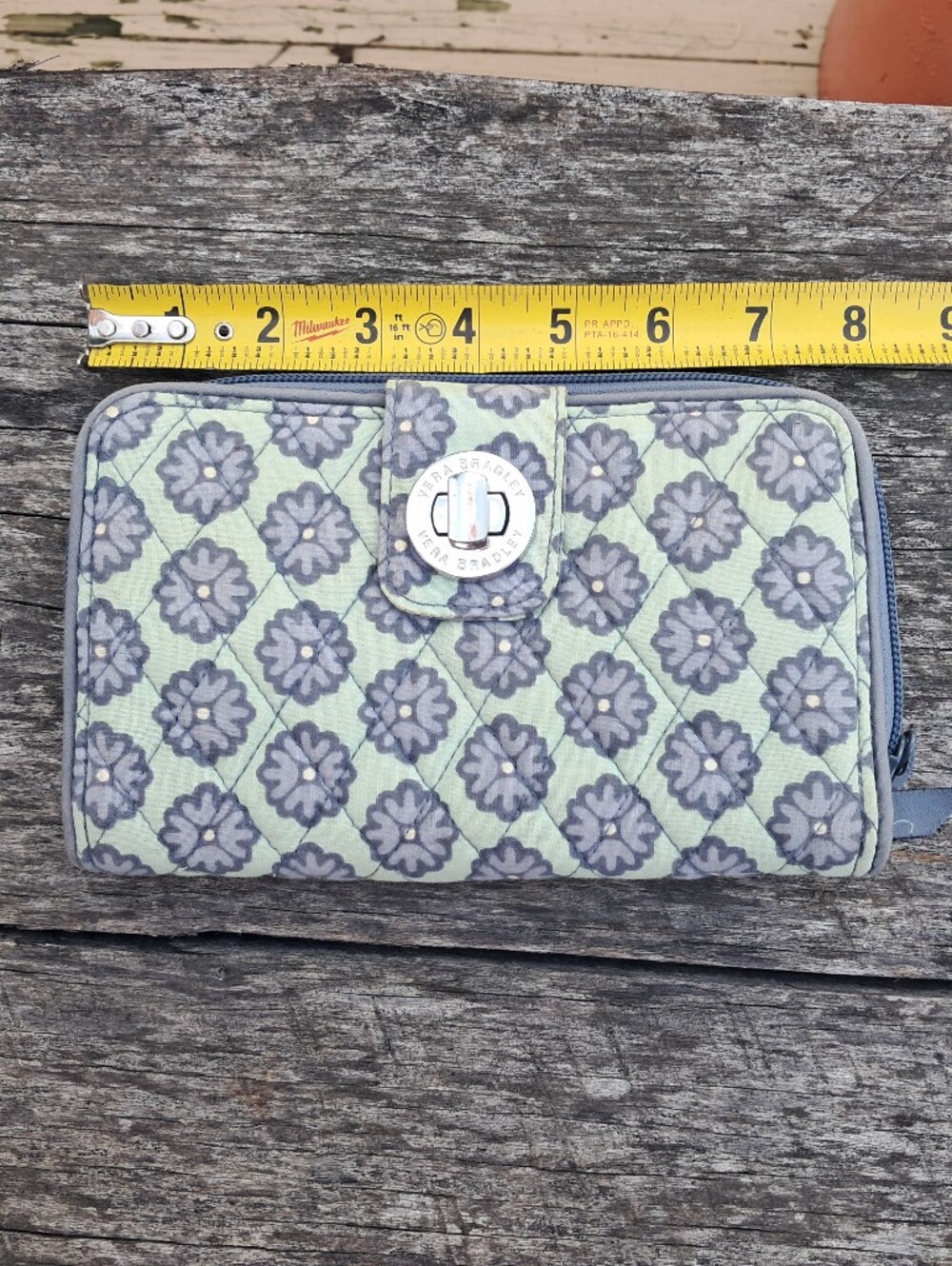 Vera Bradley Light Green Quilted Wristlet Wallet with Gray Floral Pattern